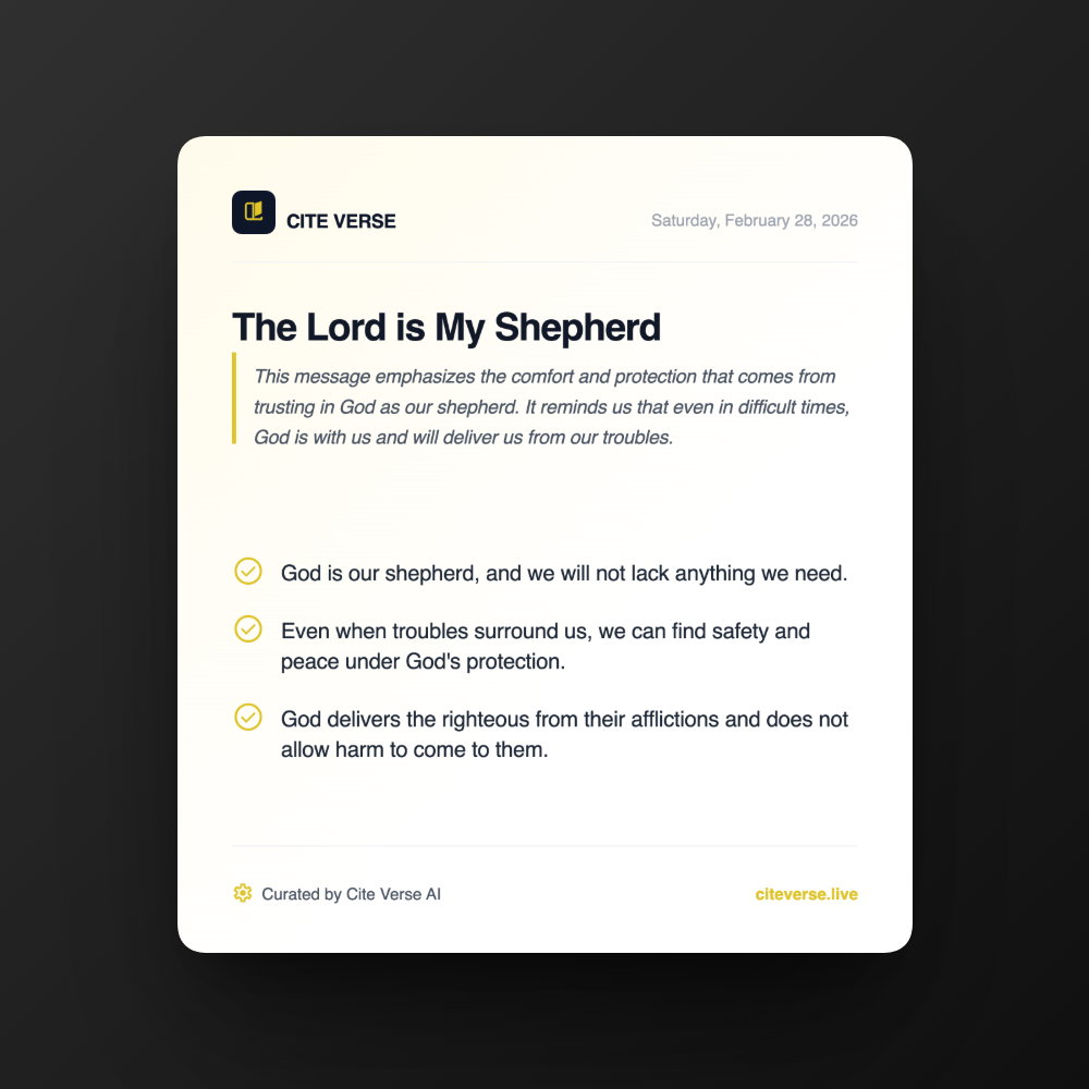 Message card example: The Lord is My Shepherd - title, summary, key points, CiteVerse branded